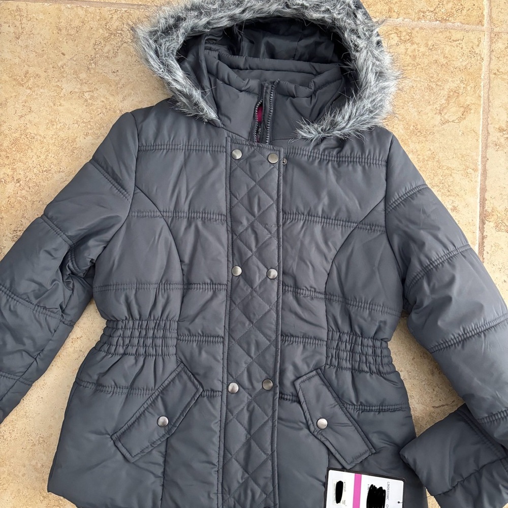 Women's Gray Quilted Jacket with Faux Fur Hood